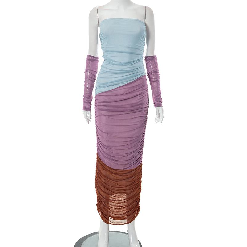 Mesh ruched contrast patchwork off shoulder maxi tube dress - View 8