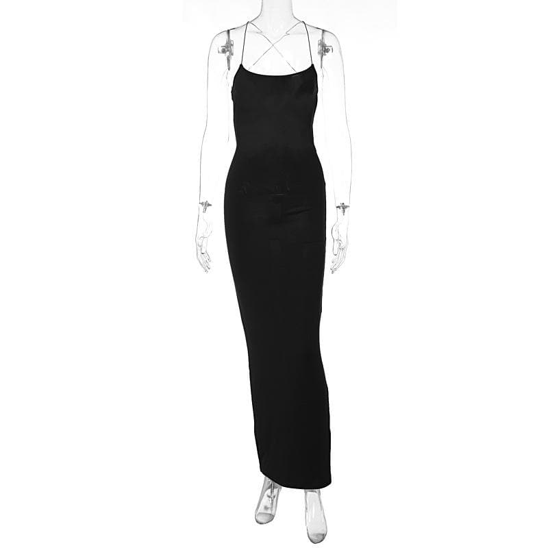 Cross back lace up square neck backless self tie slit maxi dress - View 3