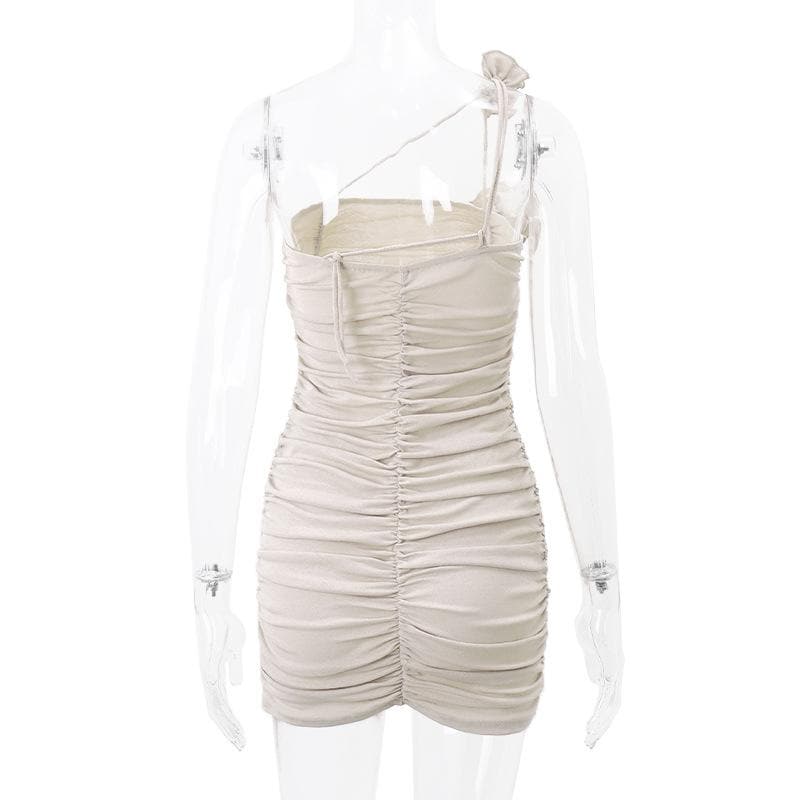 One Shoulder Flower Applique Ruched Bodycon Mini Dress - View 4