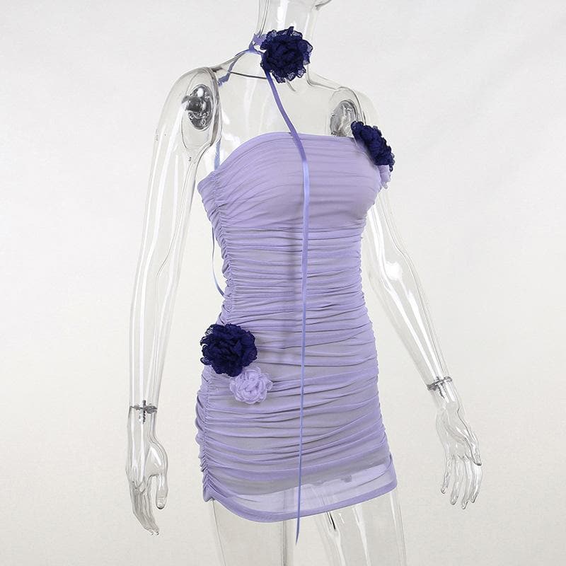 Strapless Rosette Ruched Mesh Backless Bodycon Mini Dress - View 6