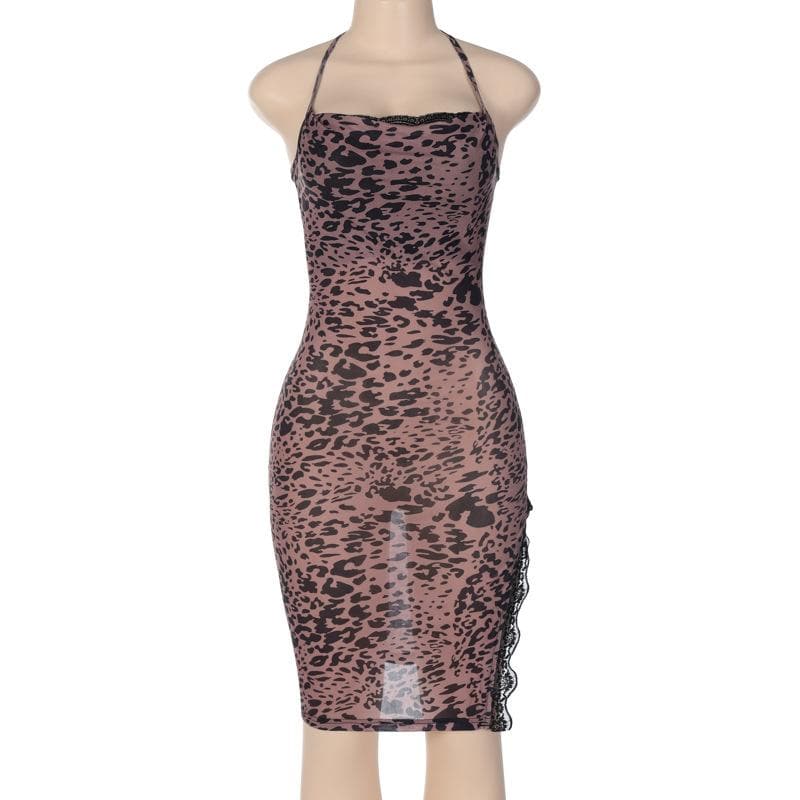 Leopard Print Cowl Neck Lace Trim Slit Bodycon Midi Dress - View 8
