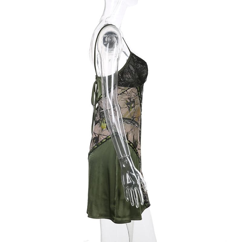 Lace Trim Forest Print Patchwork Spaghetti Strap Bodycon Mini Dress - View 4