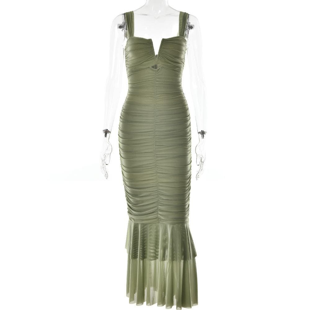 Solid ruched notch neck mesh zip-up ruffle maxi dress - View 6