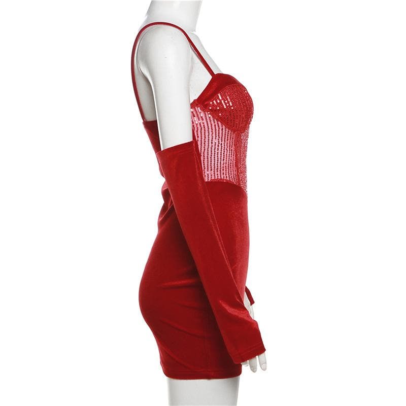 Sweetheart neck gloves velvet glitter mesh patchwork cami dress - View 5
