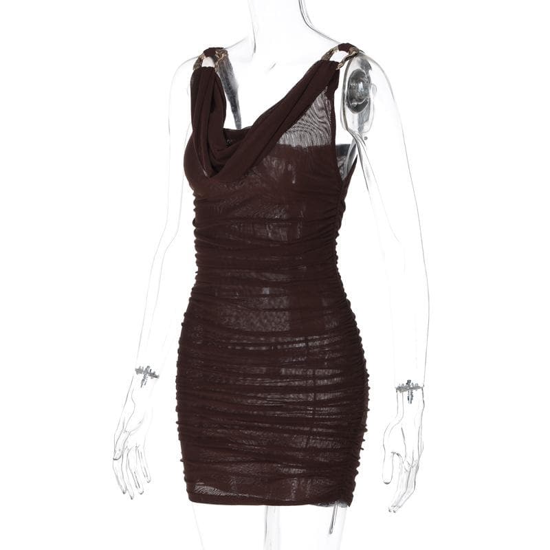 Cowl neck ruched o ring sheer mesh bowknot ribbon mini dress - View 3