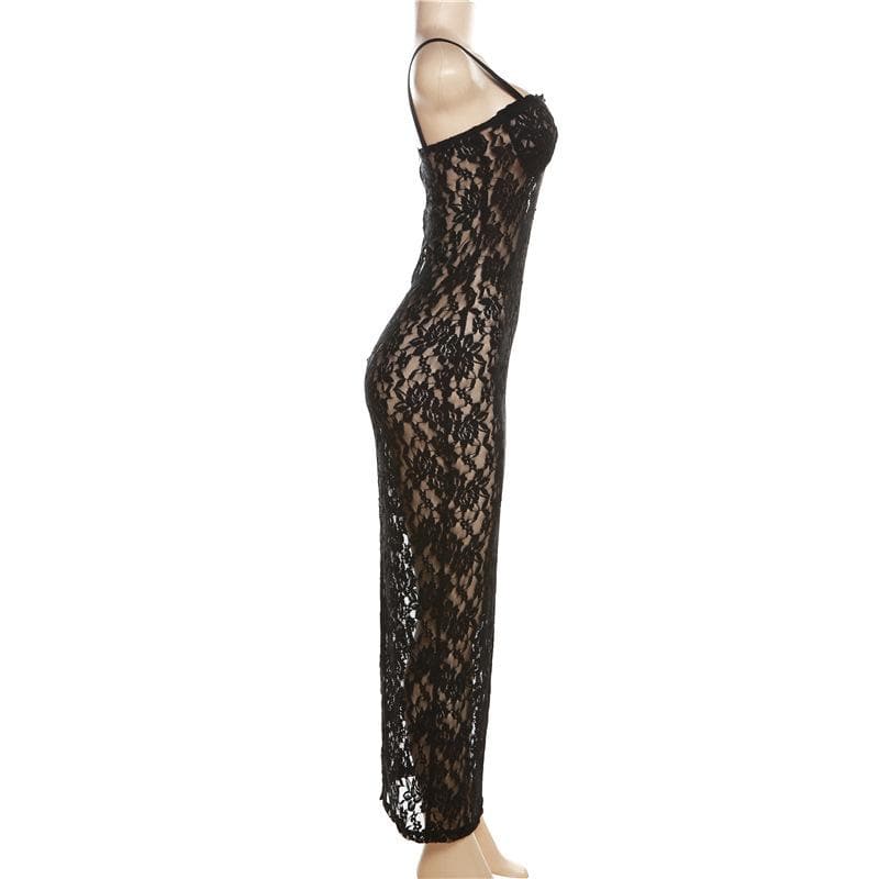 Lace solid zip-up see through sleeveless backless maxi dress - View 3