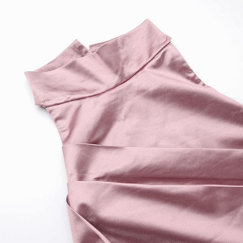 Ruched solid satin zip-up halter backless slit maxi dress - View 5