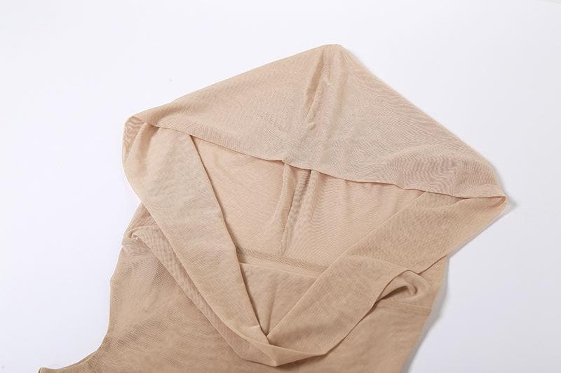 Sleeveless solid mesh slit gloves hoodie midi dress - View 5