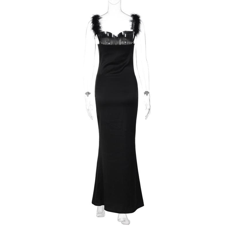 Feather cowl neck ruched solid backless maxi dress - View 3