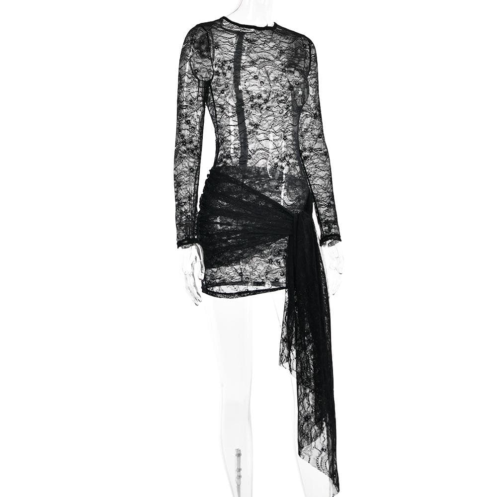 Lace see through long sleeve zip-up self tie ruched mini dress - View 4