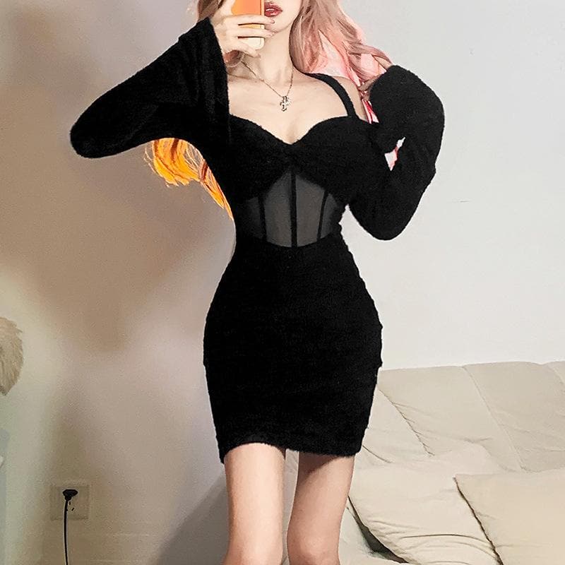 Mesh Sweetheart Long Sleeve Corset Bodycon Mini Dress - View 7
