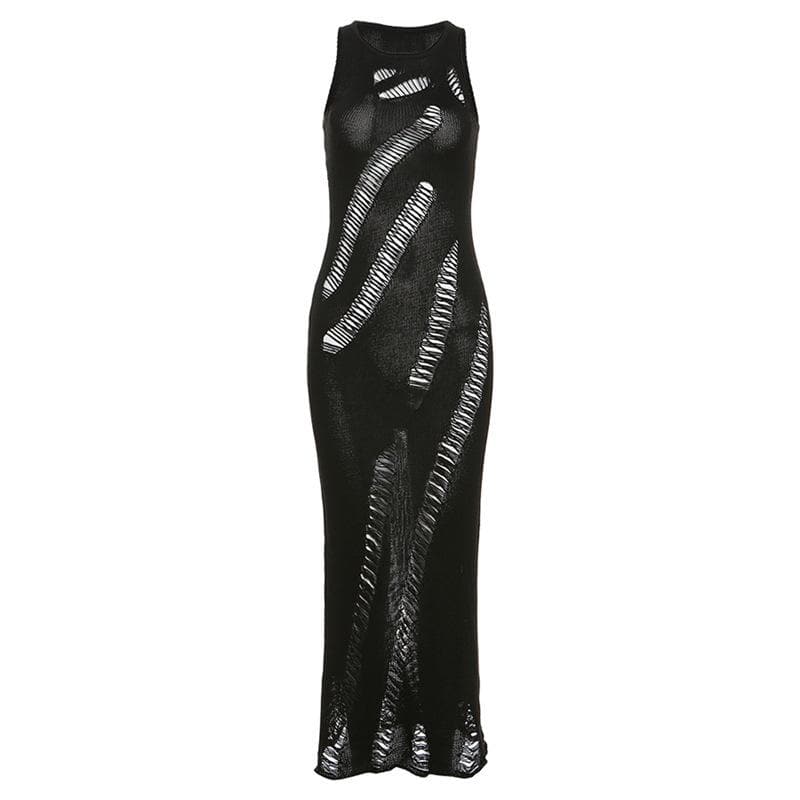Knit Ladder Cut Out Sleeveless Crew Neck Bodycon Maxi Dress - View 2