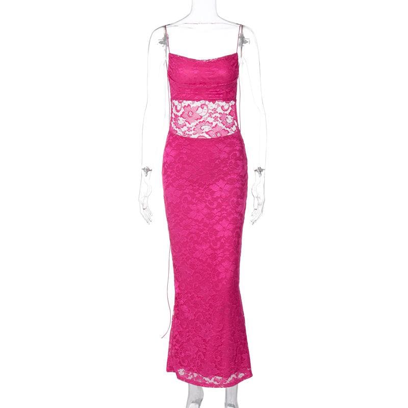 Lace solid square neck ruched spaghetti strap backless maxi dress - View 8