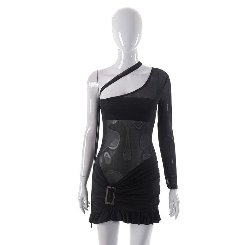 Mesh one shoulder buckle ruffle irregular mini dress - View 2