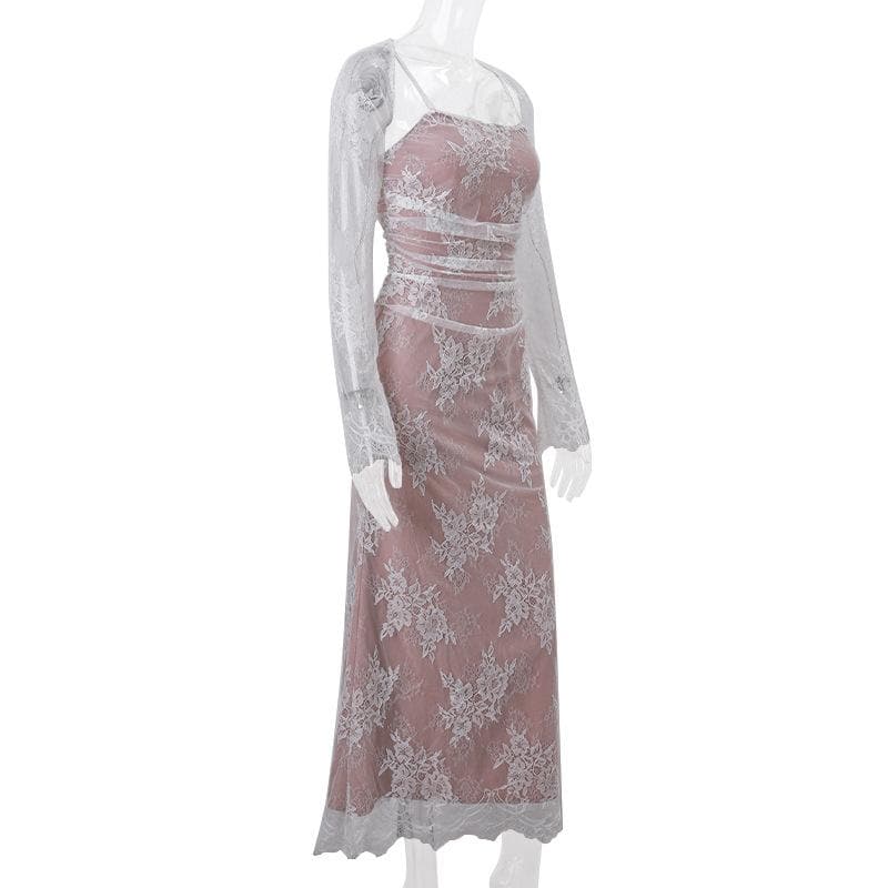 Long sleeve lace ruched shrug lace up 2 piece midi dress - View 4