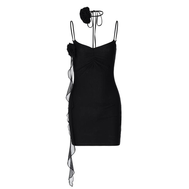 Satin V-Neck Flower Applique Ruched Bodycon Mini Dress - View 2
