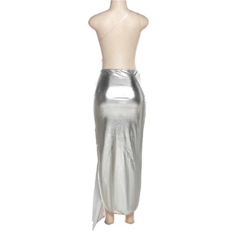 Metallic one shoulder irregular backless maxi dress - View 3