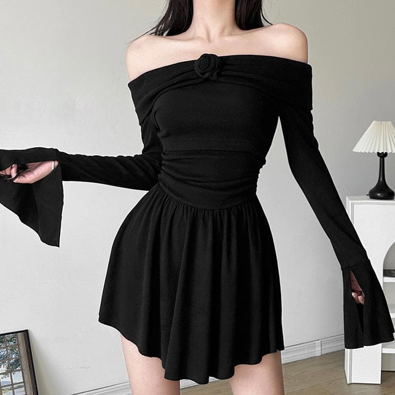Flower Applique Off Shoulder Long Sleeve Fit and Flare Mini Dress - View 2