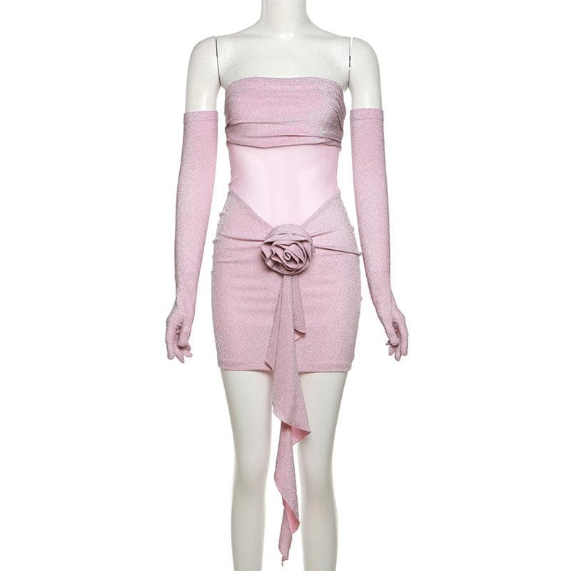 Glitter Strapless Mesh Cut Out Flower Applique Bodycon Mini Dress - View 9