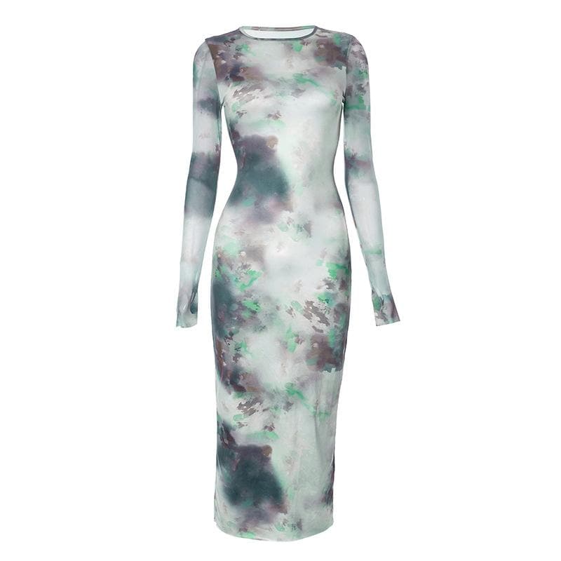 Long sleeve crewneck tie dye mesh gloves contrast midi dress - View 2