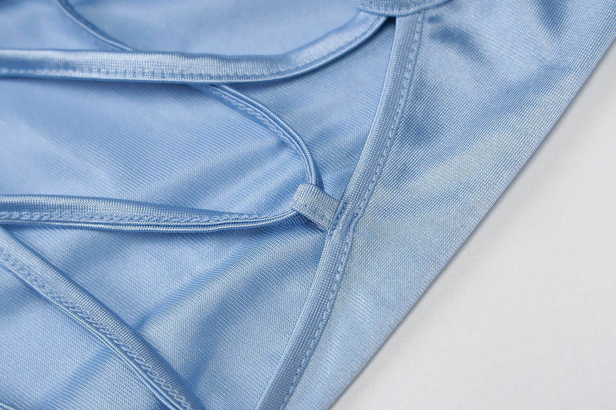 Cross back solid satin cowl neck lace up self tie backless mini dress - View 5