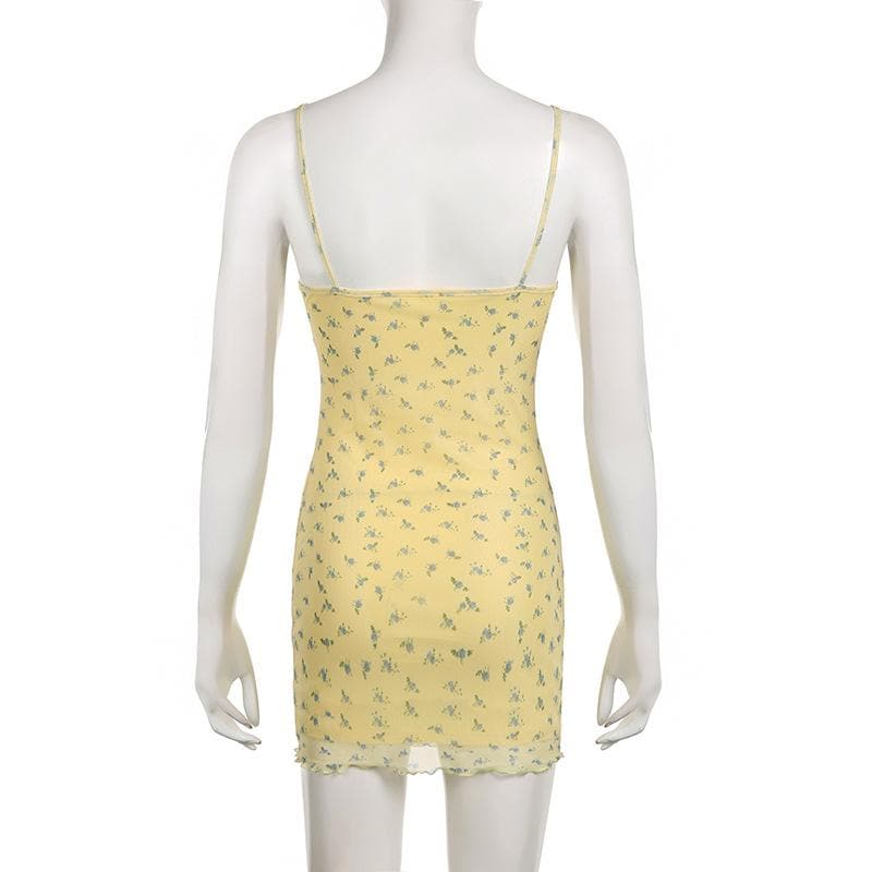 Mesh Floral Print Spaghetti Strap Ruffle Tie Front Bodycon Mini Dress - View 4