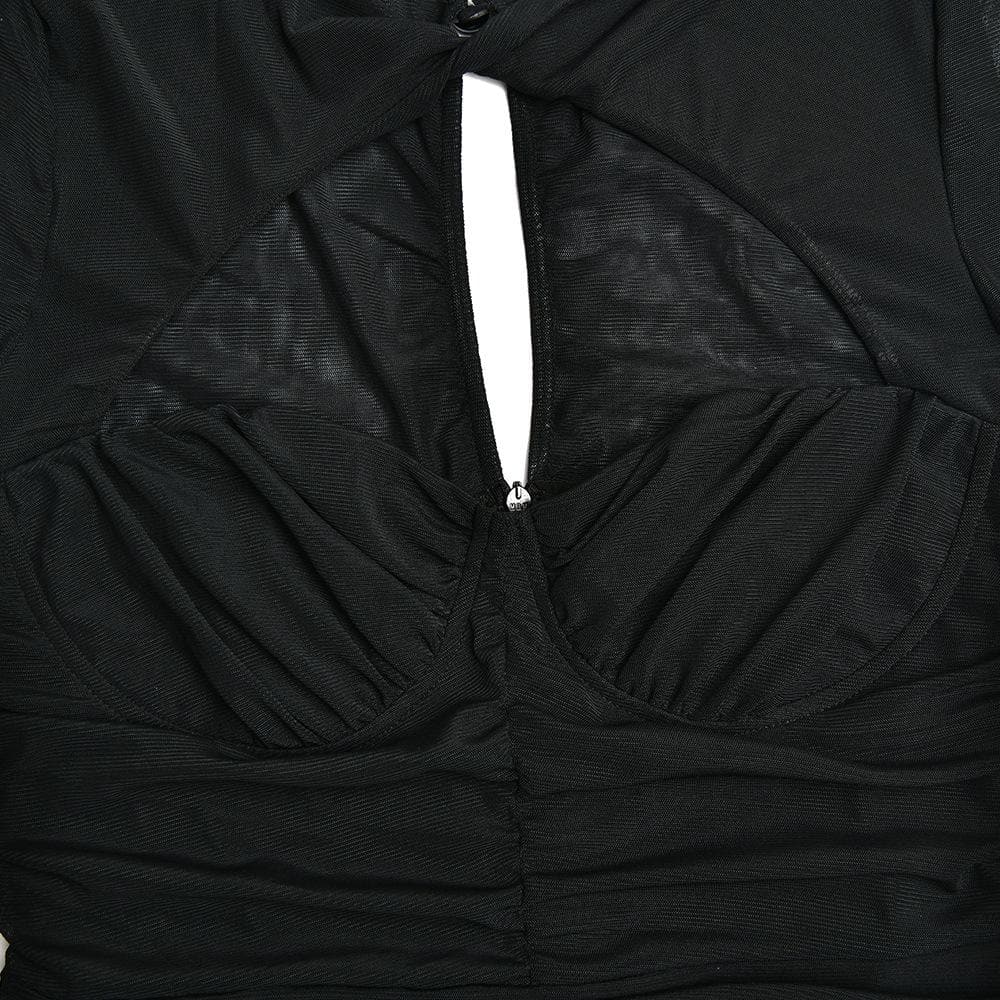Hollow out ruched mesh long sleeve zip-up button mini dress - View 8