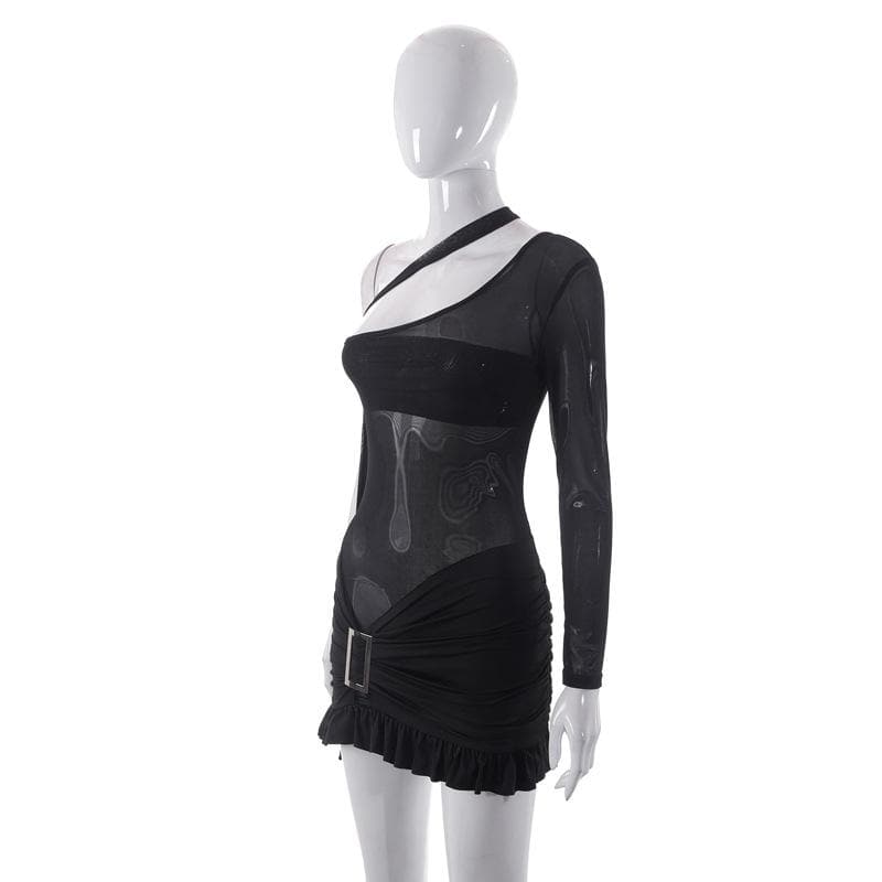 Mesh one shoulder buckle ruffle irregular mini dress - View 8