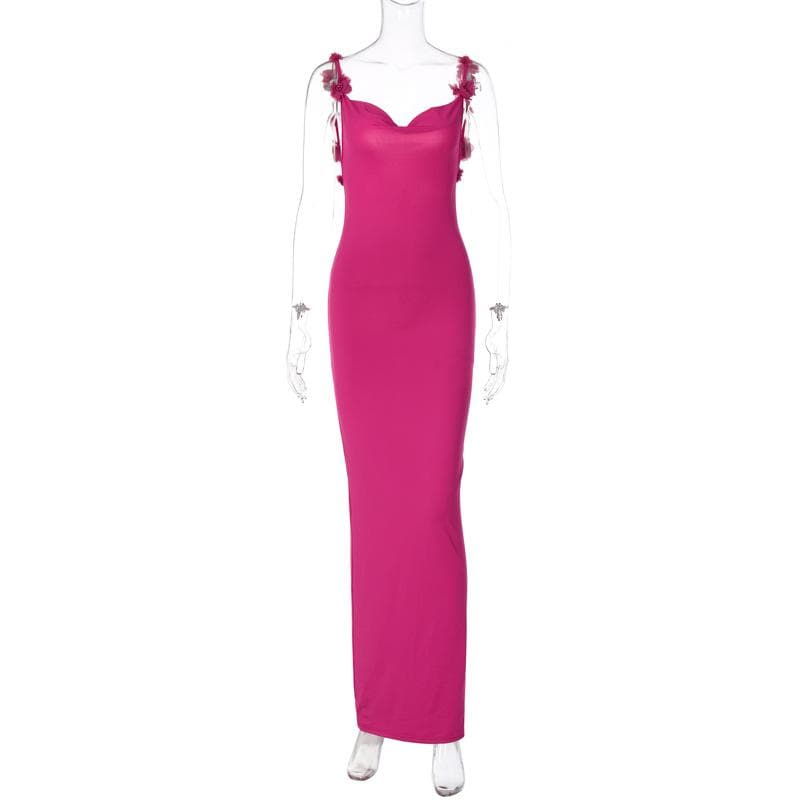 Flower applique cowl neck backless solid maxi dress - View 3