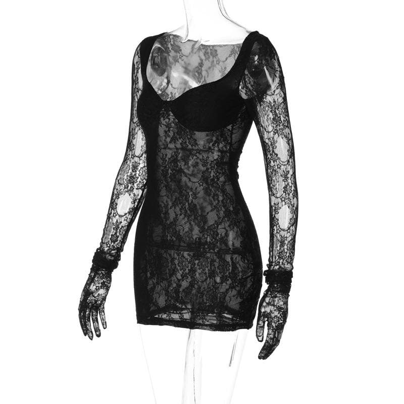Long sleeve lace gloves see through sweetheart neck mini dress - View 7