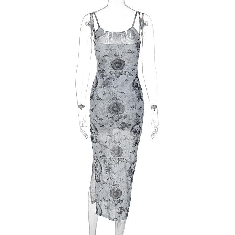 Slit contrast print sheer mesh see through u neck cami midi dress - View 4