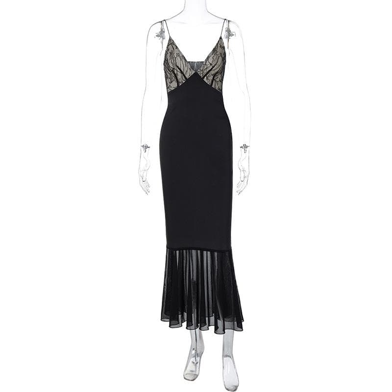 Lace patchwork contrast ruched v neck backless midi dress - View 2