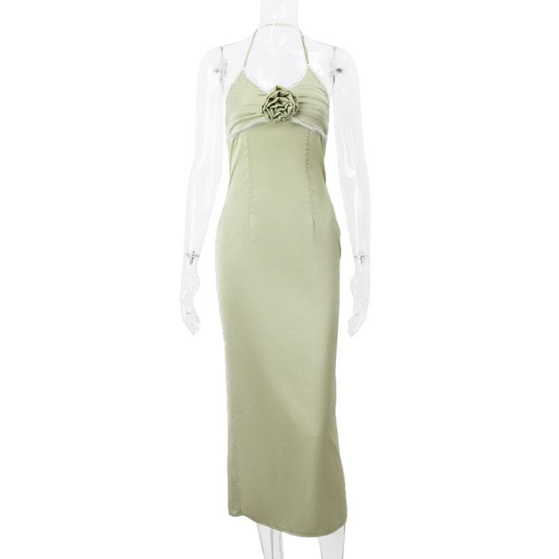 Satin Halter Neck Rosette Ruched Slip Midi Dress - View 2