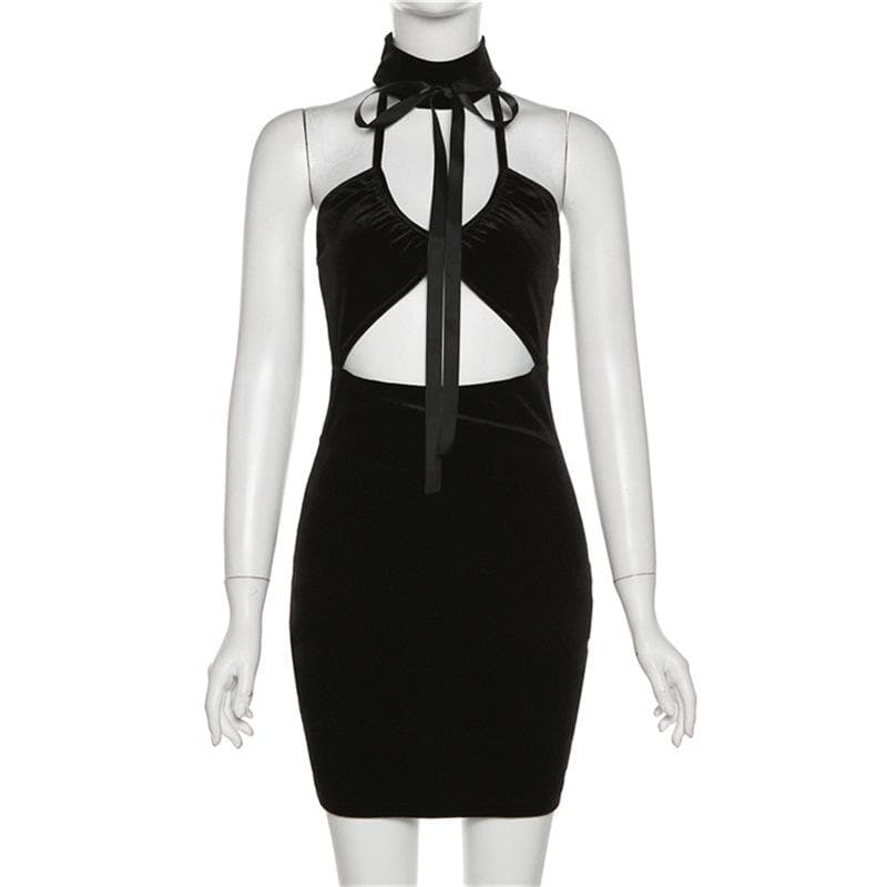 Velvet Halter Neck Cut Out Bodycon Mini Dress - View 2
