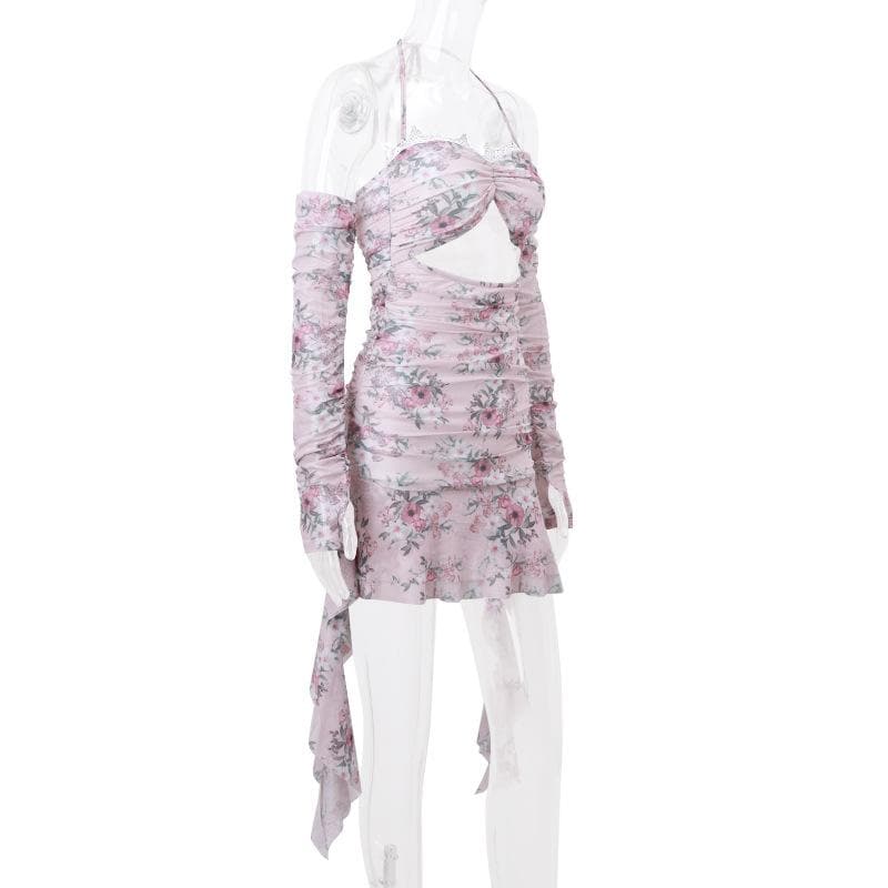 Floral Halter Neck Lace Trim Cut Out Ruched Ruffle Mini Dress - View 3