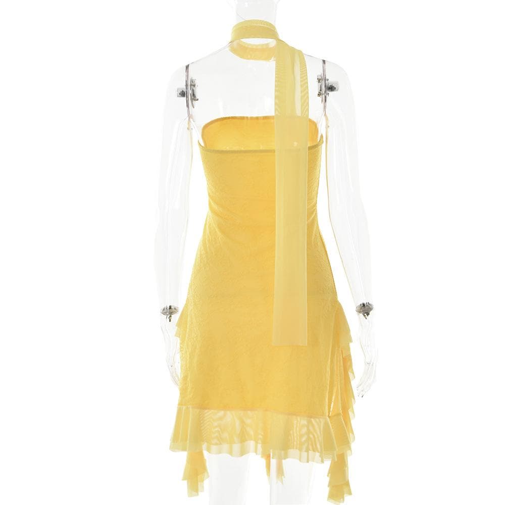 Mesh ruffle ribbon irregular solid backless tube mini dress - View 9