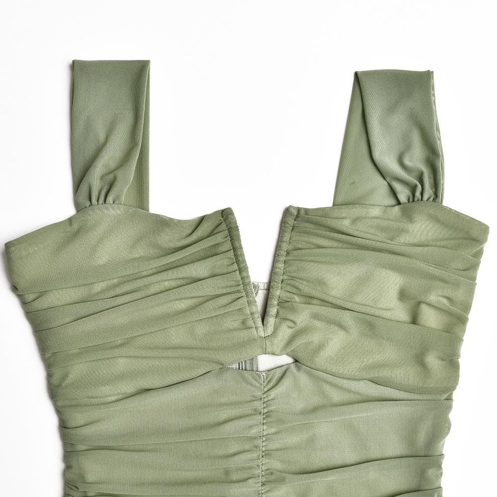 Solid ruched notch neck mesh zip-up ruffle maxi dress - View 9