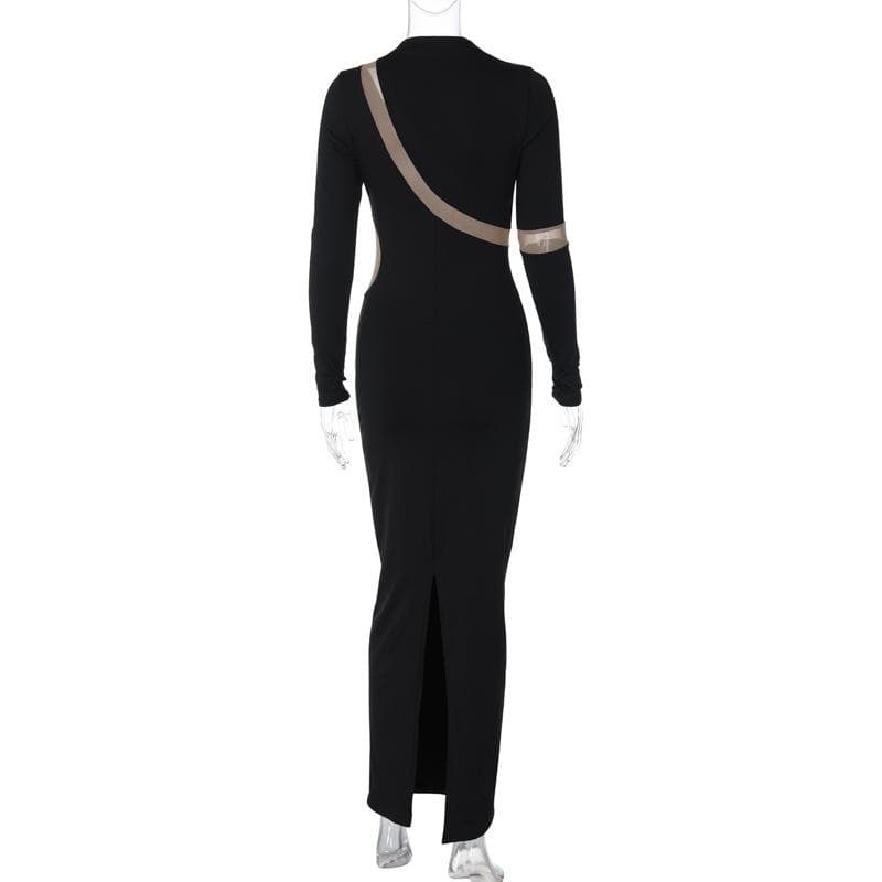 Contrast irregular mesh patchwork long sleeve slit maxi dress - View 4