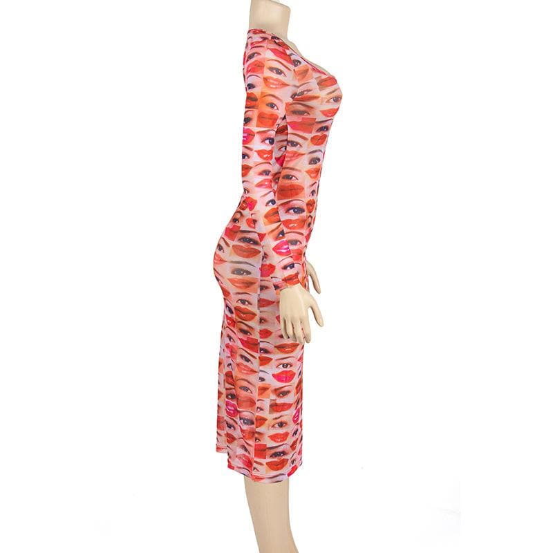 Long sleeve abstract u neck sheer mesh contrast midi dress - View 10
