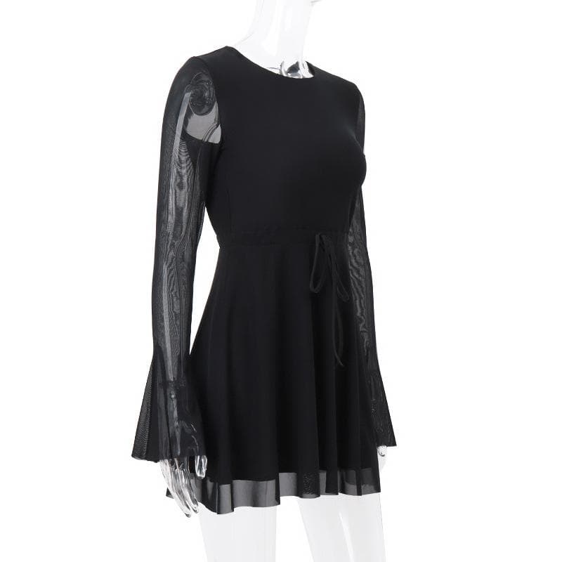 Long flared sleeve crewneck self tie mesh backless mini dress - View 4