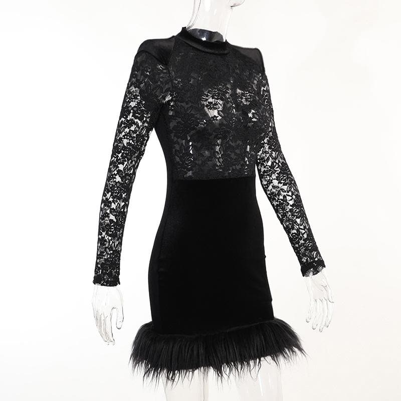 Lace solid see through long sleeve furry mini dress - View 8