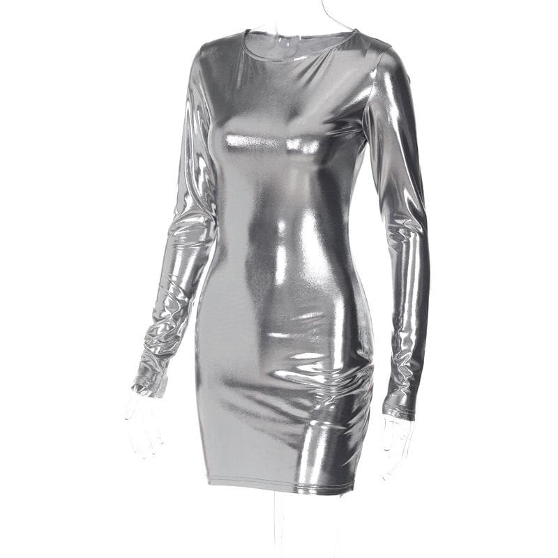 Metallic long sleeve round neck mini dress - View 3