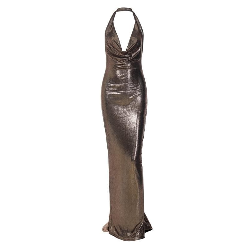 Metallic Cowl Neck Ruched Halter Backless Maxi Dress - View 3