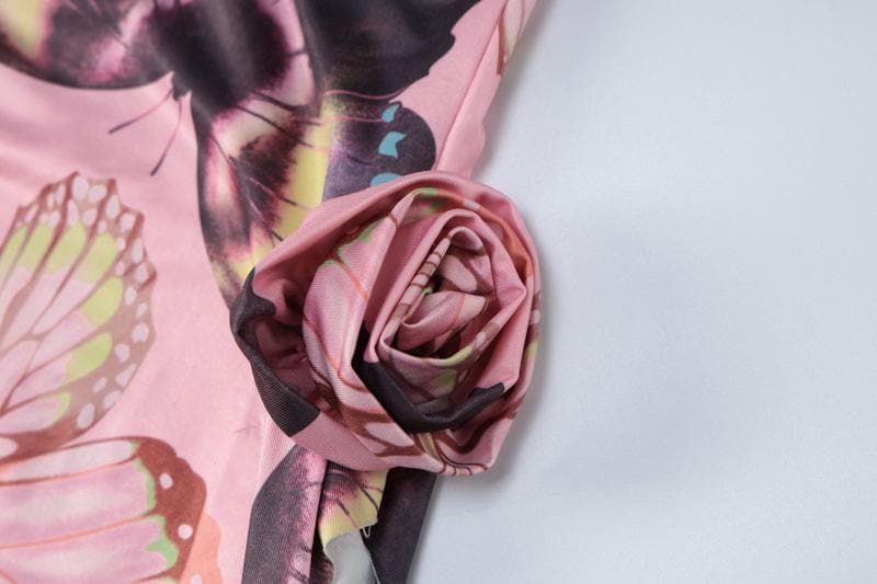 Butterfly print ruffle ribbon flower applique contrast maxi dress - View 8