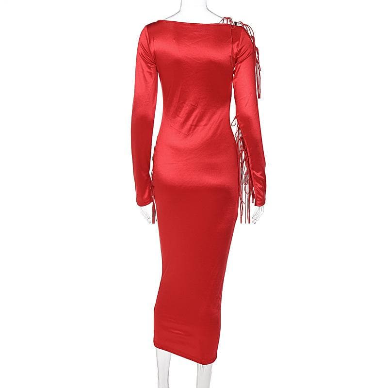 Long sleeve solid satin hollow out self tie crewneck midi dress - View 3