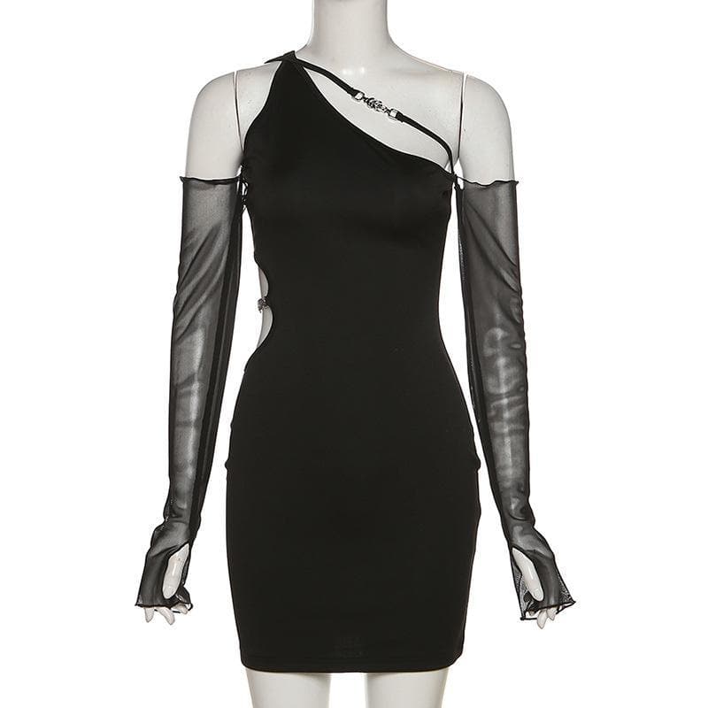 Long mesh sleeve off shoulder hollow out irregular dress - View 3