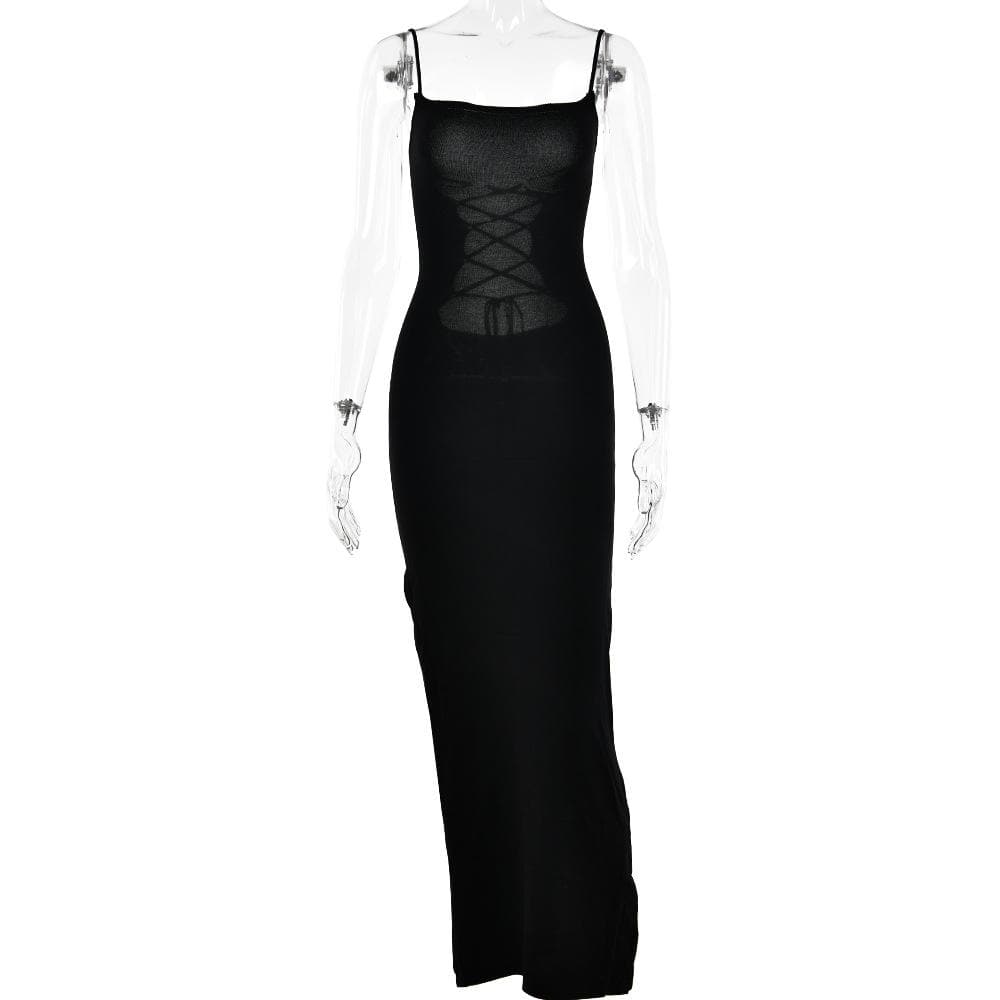 Lace up square neck slit solid backless cami maxi dress - View 2