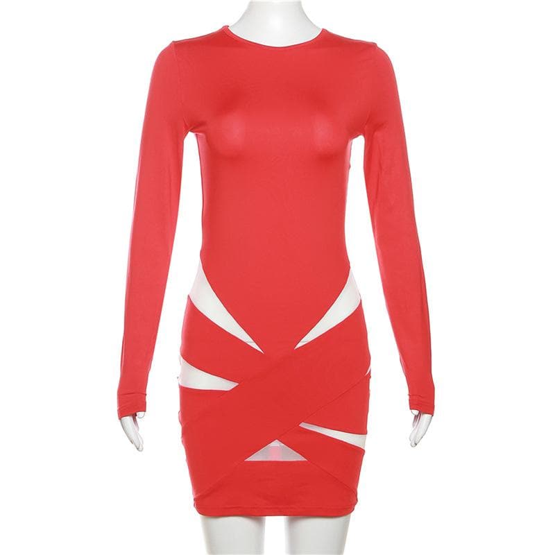 Mesh long sleeve crewneck patchwork contrast mini dress - View 2
