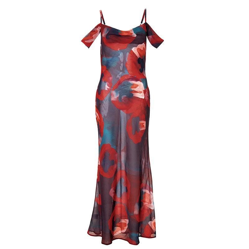 Off shoulder see through chiffon print maxi dress - View 2