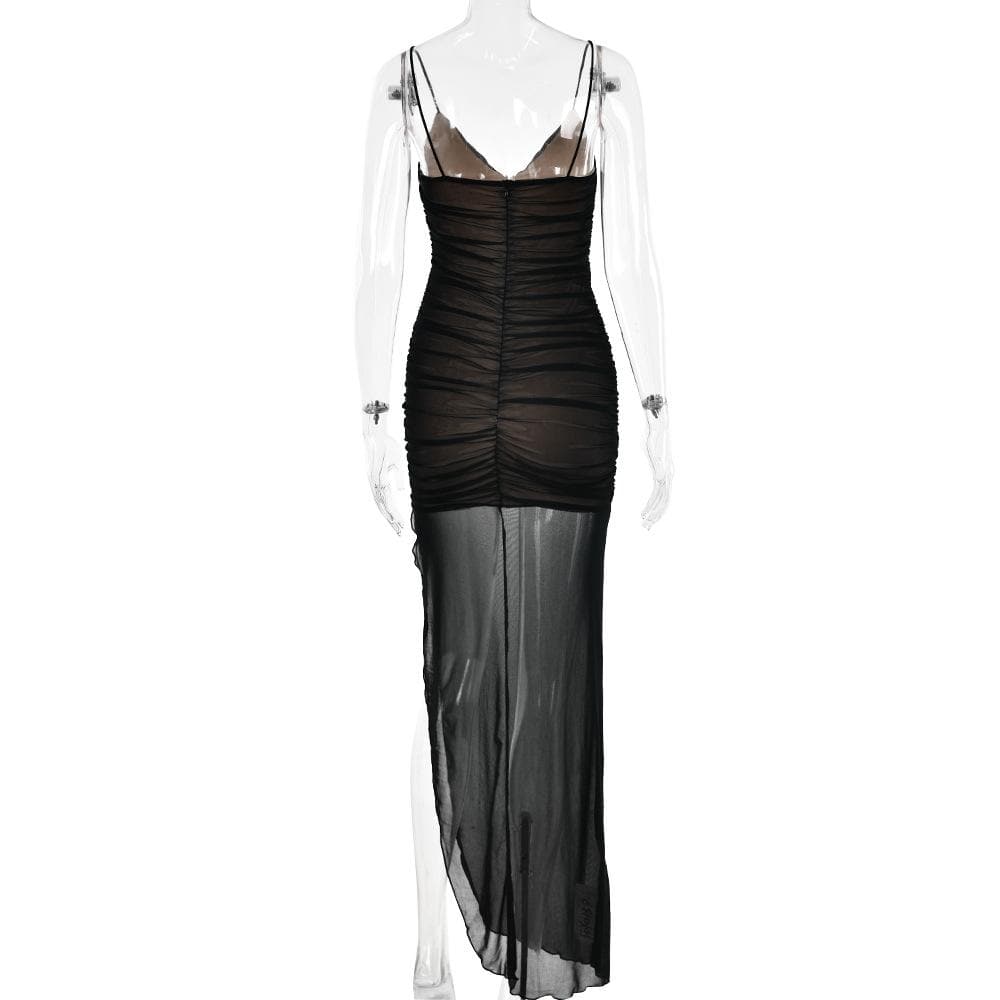 Mesh v neck ruched slit zip-up spaghetti strap maxi dress - View 6
